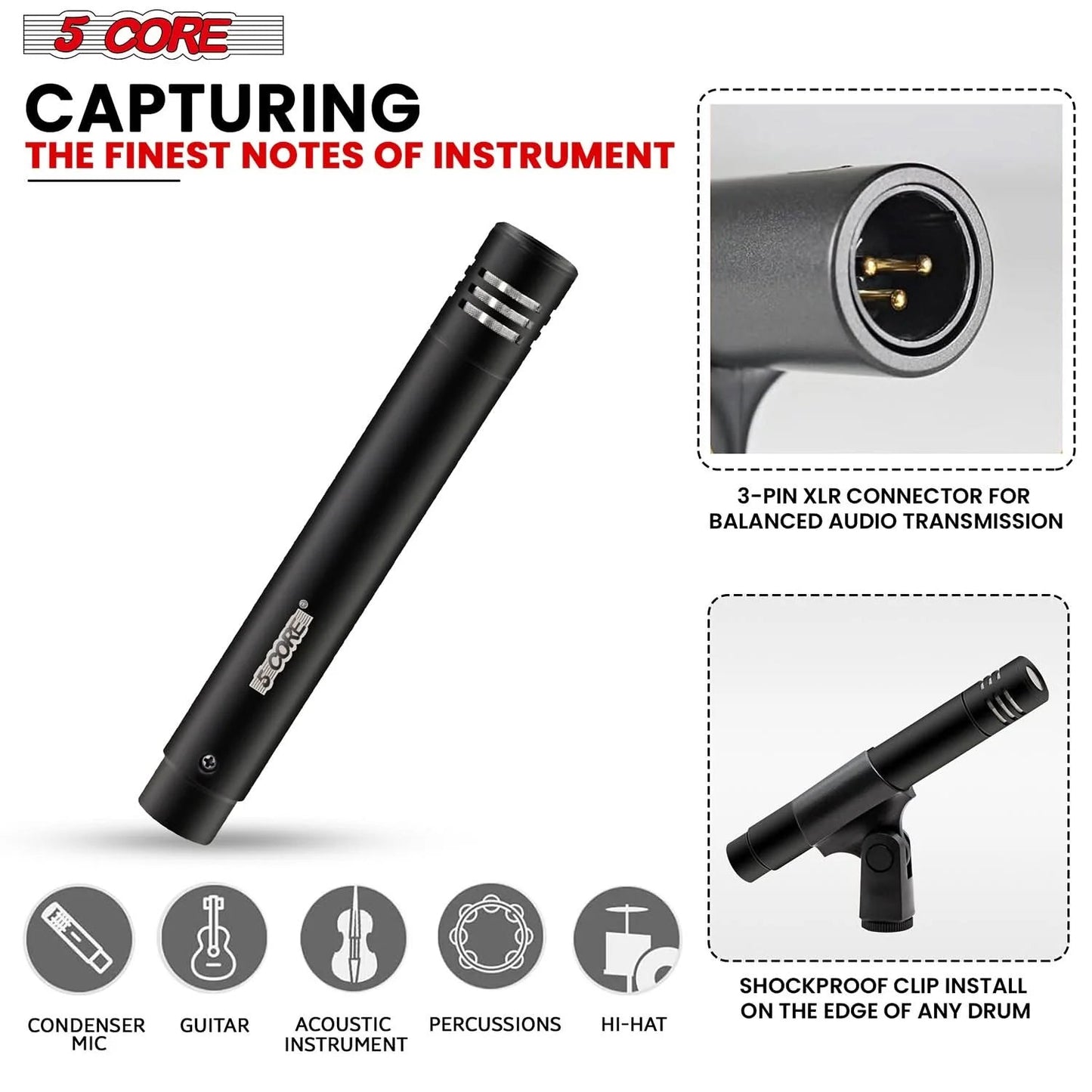 5 Core Instrument Microphone Professional XLR Cardioid Pencil Stick