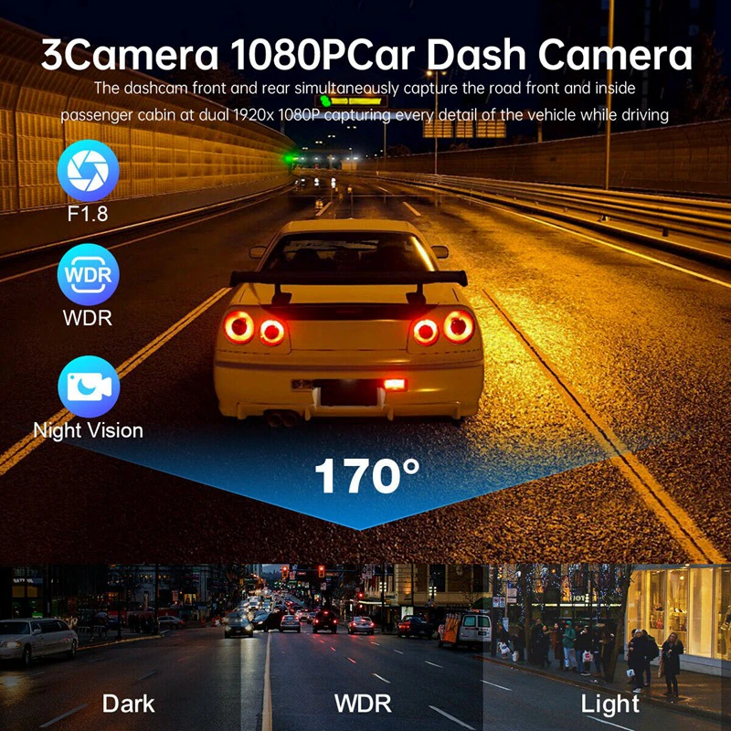 📹⏯Dual Lens Dash Cam HD 1080P Front/Rear/Inside Video Recorder