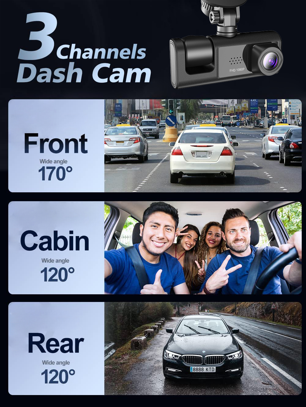📹⏯Dual Lens Dash Cam HD 1080P Front/Rear/Inside Video Recorder