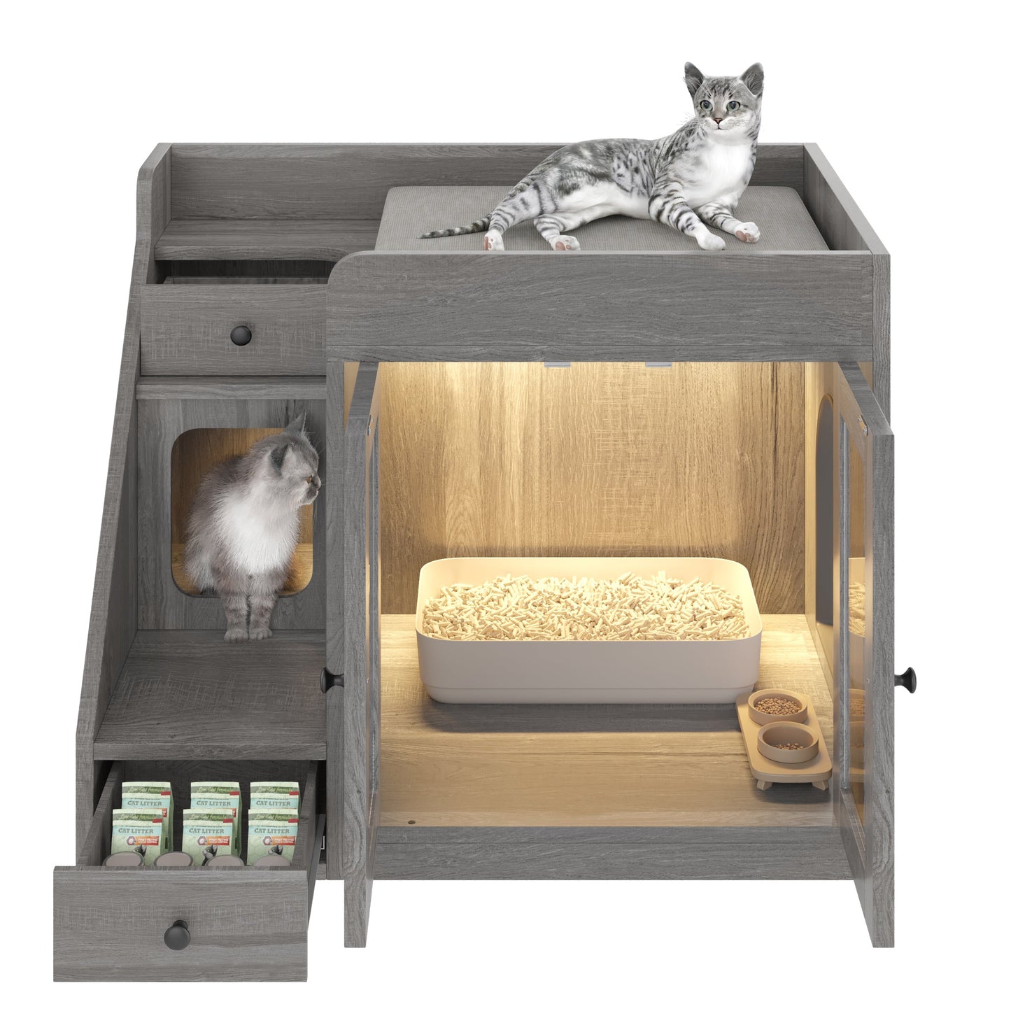 📥🐱Cat Litter Box Enclosure With Light & Resting Space