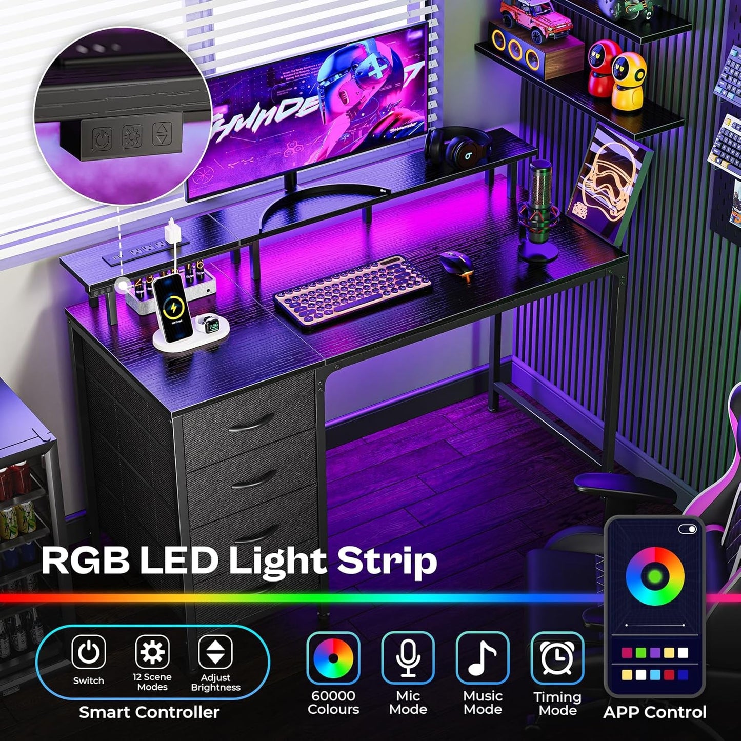 🖥️47 Inch Computer Desk with Power Outlets and LED Lights, Gaming Desk