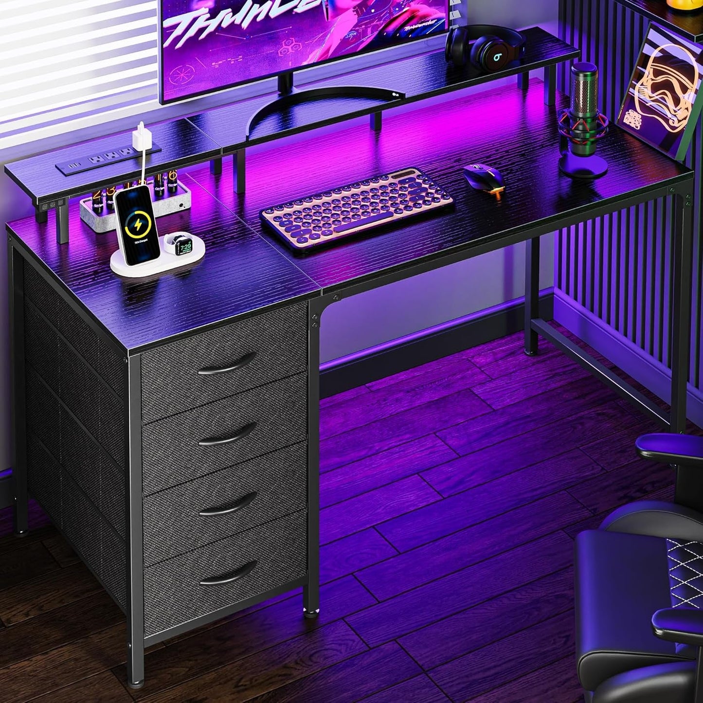 🖥️47 Inch Computer Desk with Power Outlets and LED Lights, Gaming Desk