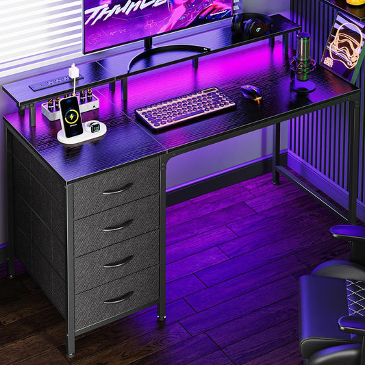 🖥️47 Inch Computer Desk with Power Outlets and LED Lights, Gaming Desk