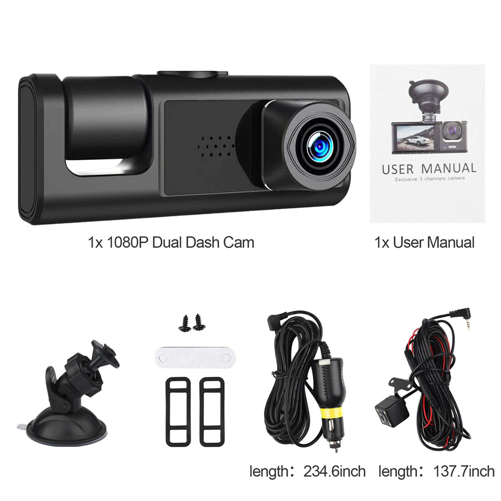 📹⏯Dual Lens Dash Cam HD 1080P Front/Rear/Inside Video Recorder
