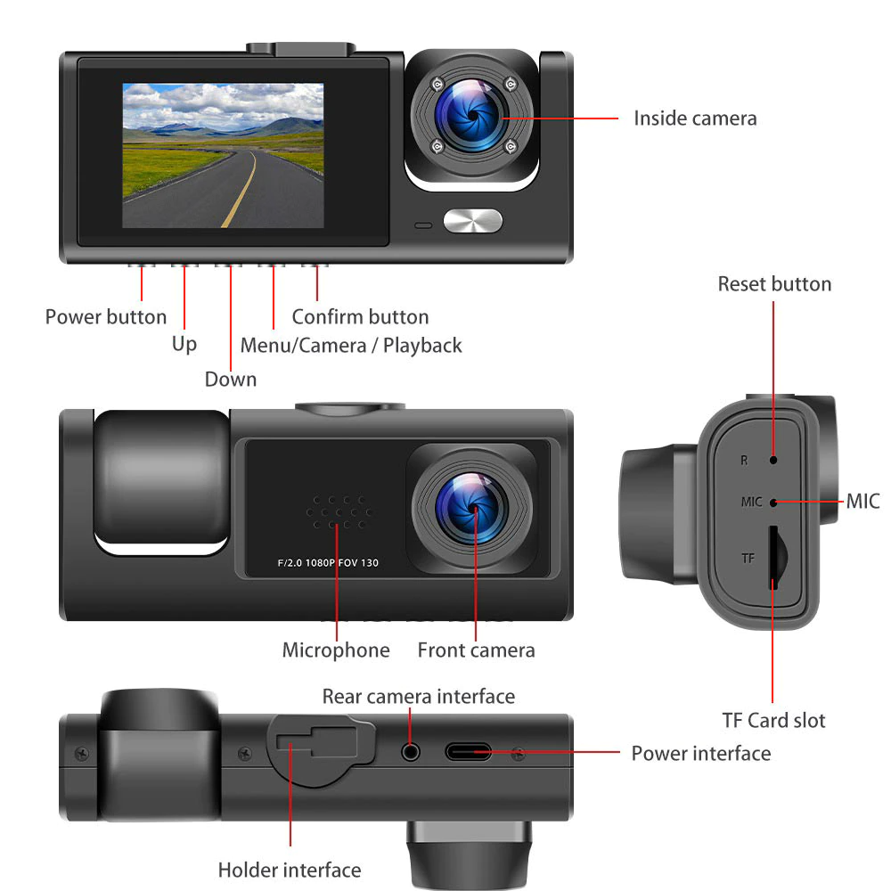 📹⏯Dual Lens Dash Cam HD 1080P Front/Rear/Inside Video Recorder