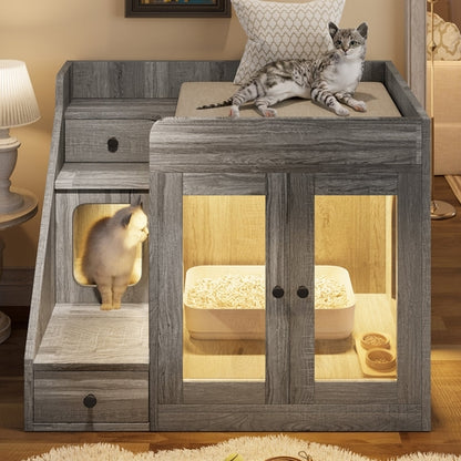 📥🐱Cat Litter Box Enclosure With Light & Resting Space