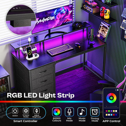 🖥️47 Inch Computer Desk with Power Outlets and LED Lights, Gaming Desk