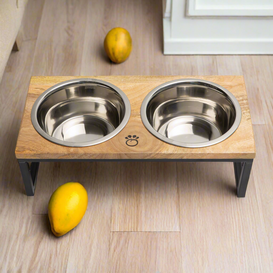 🍛🥭Mango Wood & Metal Double Food Bowl