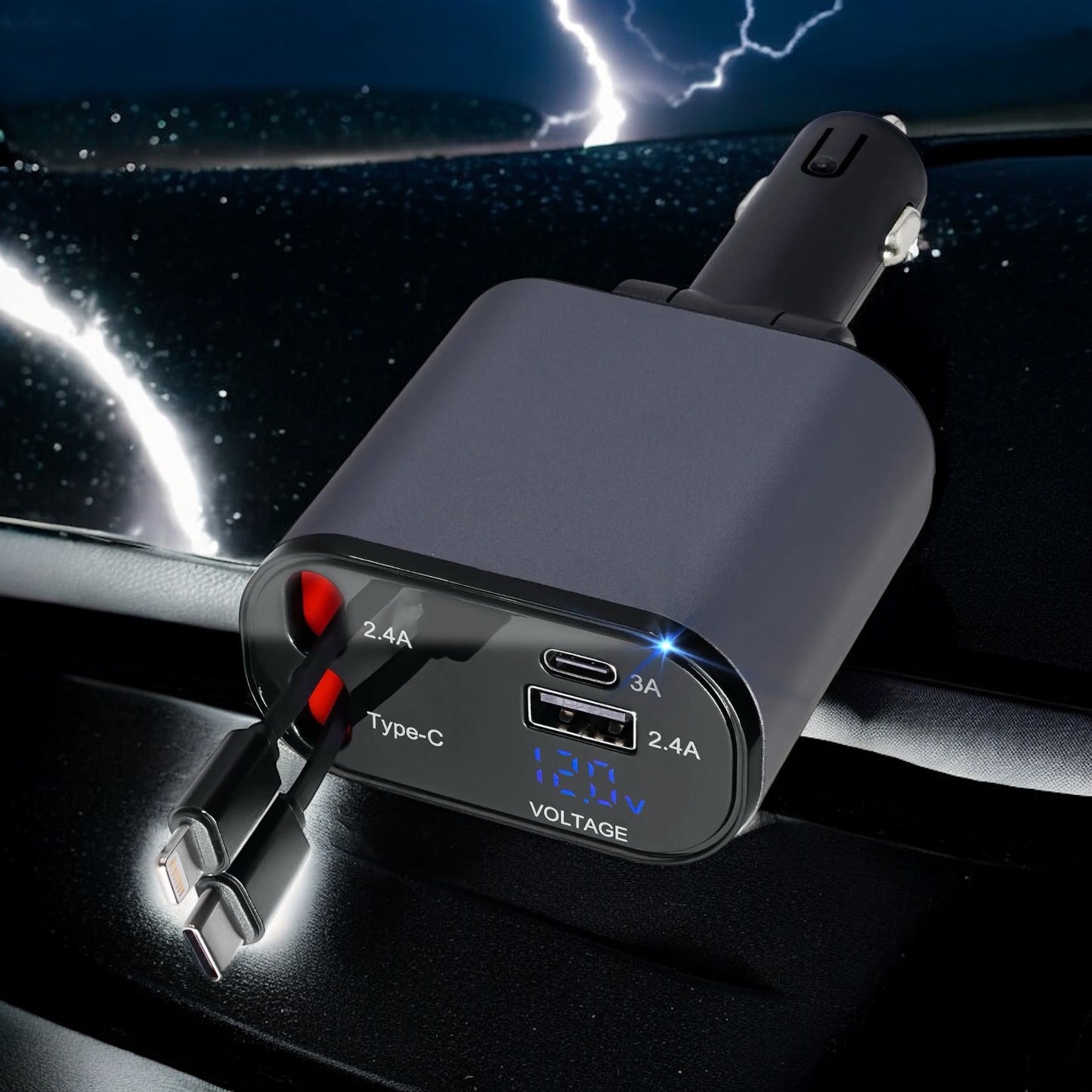 🔋120W Retractable Car Charger | 4 in 1 Fast Car Phone Charger|Retractable Cables