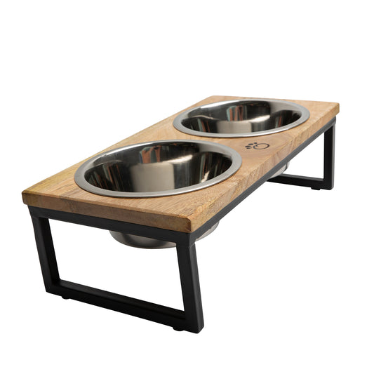 Beige Wood & Metal Pet Food Bowl