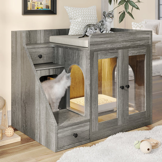 📥🐱Cat Litter Box Enclosure With Light & Resting Space