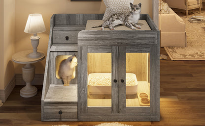 📥🐱Cat Litter Box Enclosure With Light & Resting Space