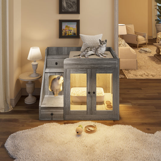 📥🐱Cat Litter Box Enclosure With Light & Resting Space
