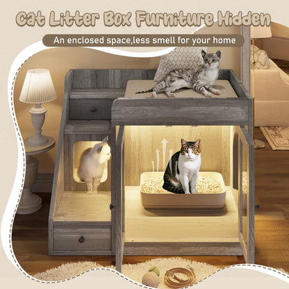 📥🐱Cat Litter Box Enclosure With Light & Resting Space